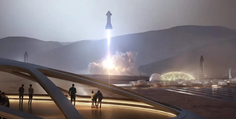 Uma representação da SpaceX da proposta colônia em Marte inclui uma cúpula gigante para vida comunitária — Foto: SpaceX/New York Times