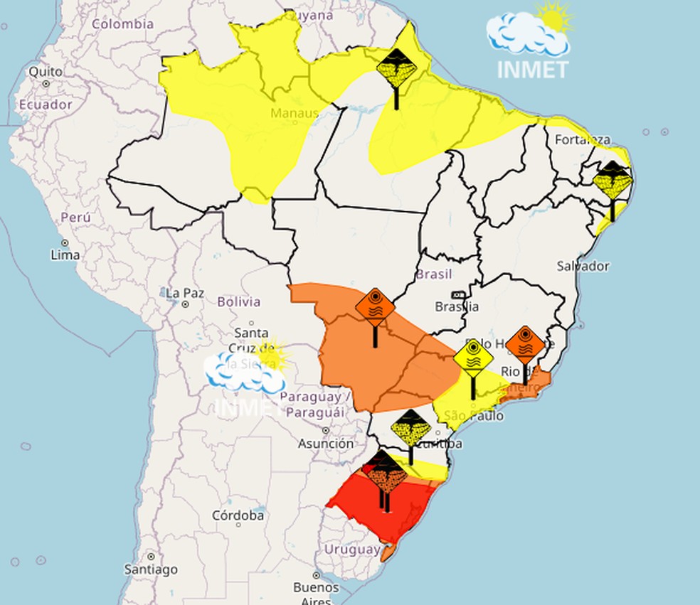 Mapa de alertas do Inmet para esta quarta-feira — Foto: Reprodução