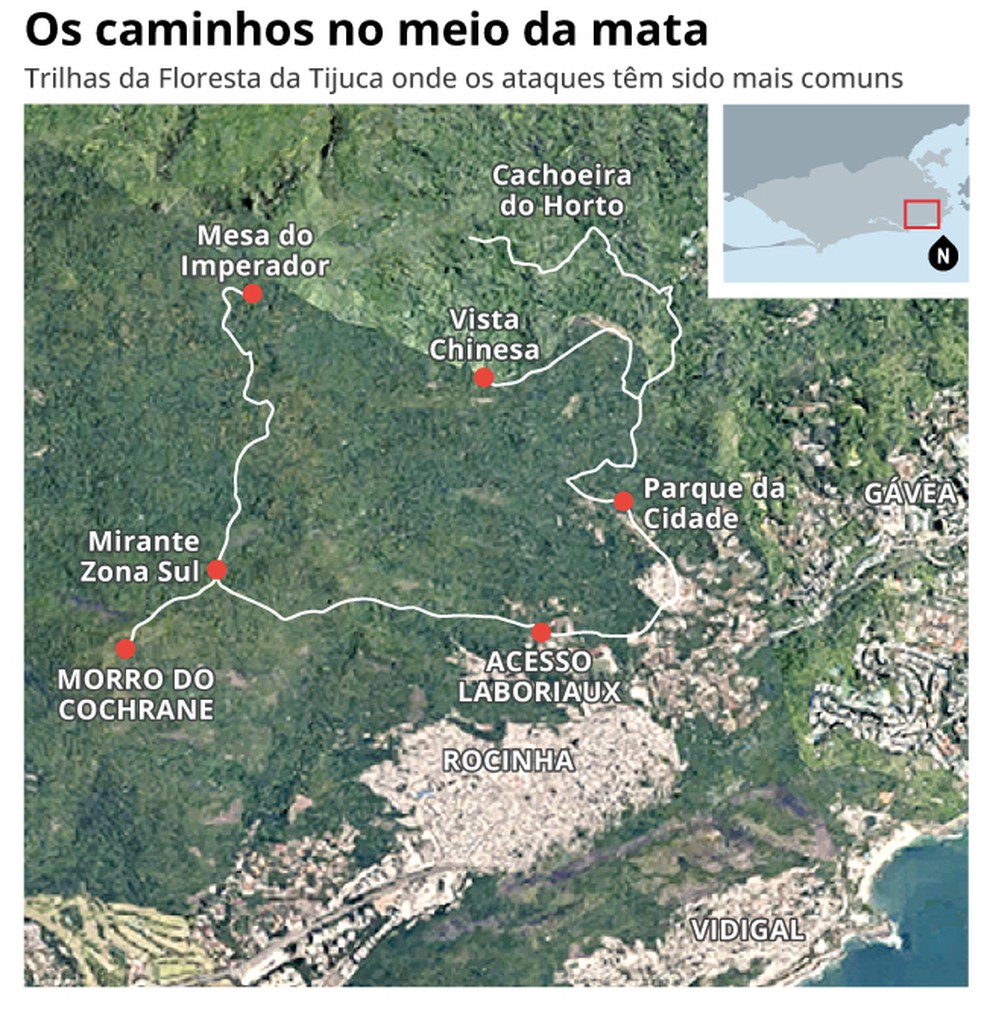 Trilhas no Rio onde os ataques têm sido mais comuns — Foto: Editoria de Arte