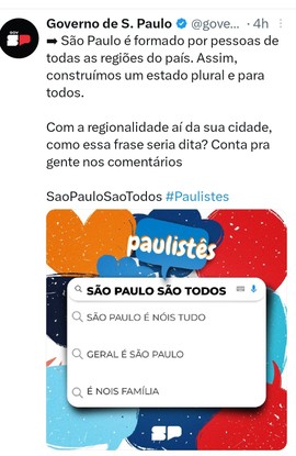 Publicação excluída do Twitter oficial do governo de São Paulo sob a gestão de Tarcísio