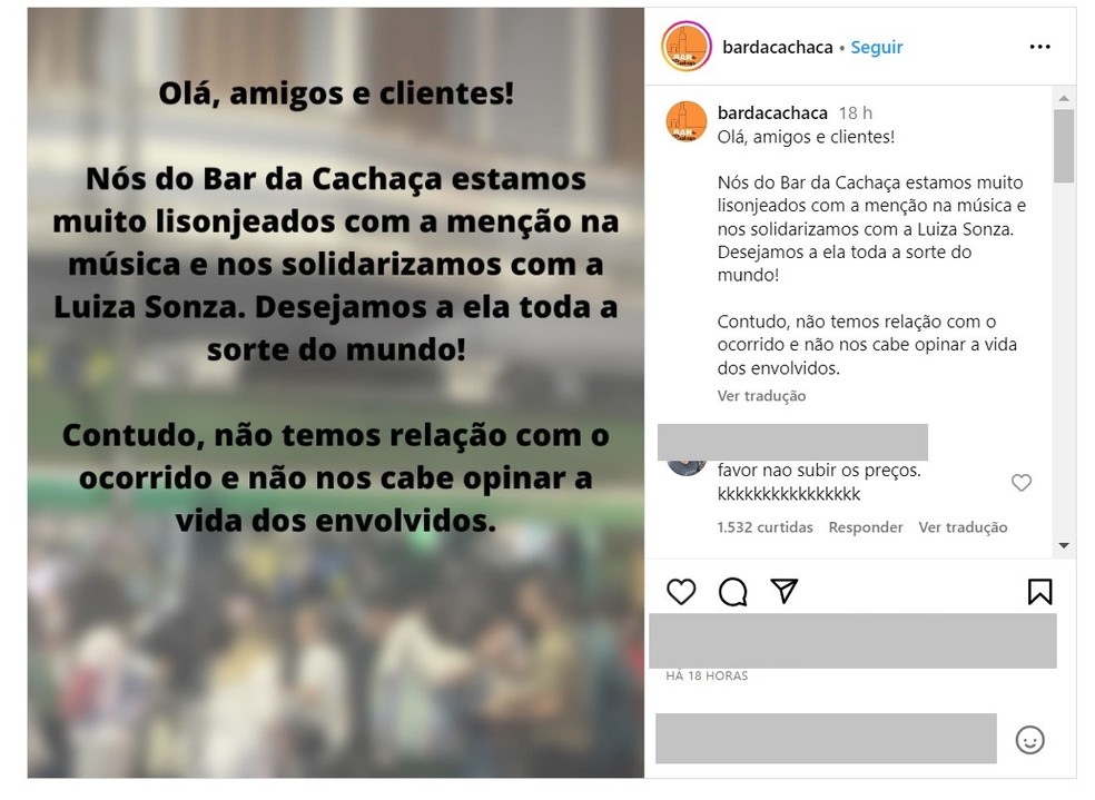 O Bar da Cachaça, na Lapa, presta solidariedade à cantora Luísa Sonza — Foto: Reprodução