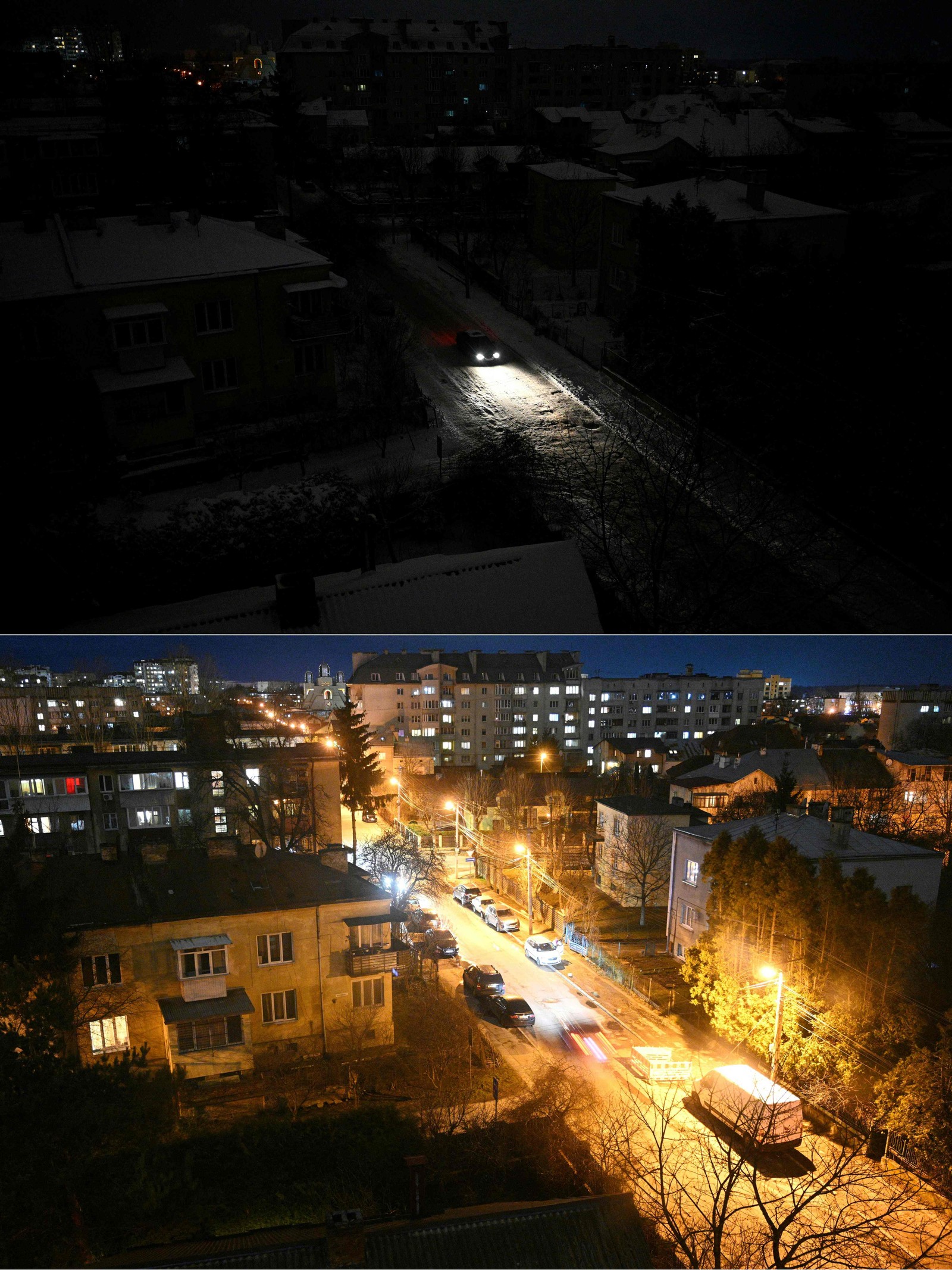 10/12/2022: Acima, parte da cidade sem iluminação em Lviv, durante um apagão. 06/02/2024: Abaixo, carros circulam pela rua — Foto: YURIY DYACHYSHYN
