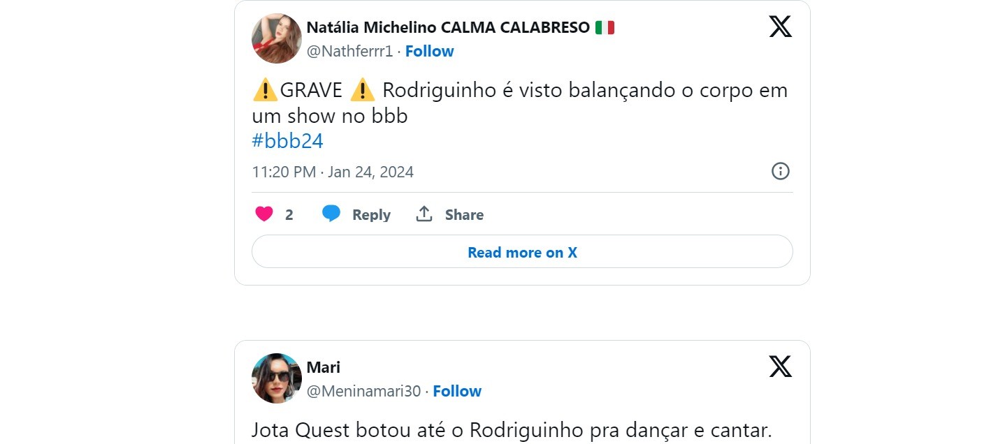 Após ficar sentado em todas as festas do "BBB" 24, Rodriguinho surpreendeu a web ao dançar e cantar durante o show da banda Jota Quest no programa — Foto: Reprodução/Twitter