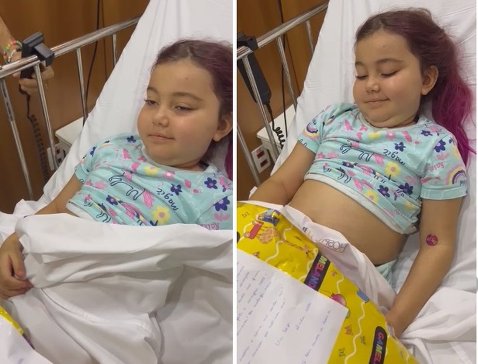 Maria Flor, de 6 anos, numa das etapas do tratamento contra o tumor raro — Foto: Arquivo pessoal