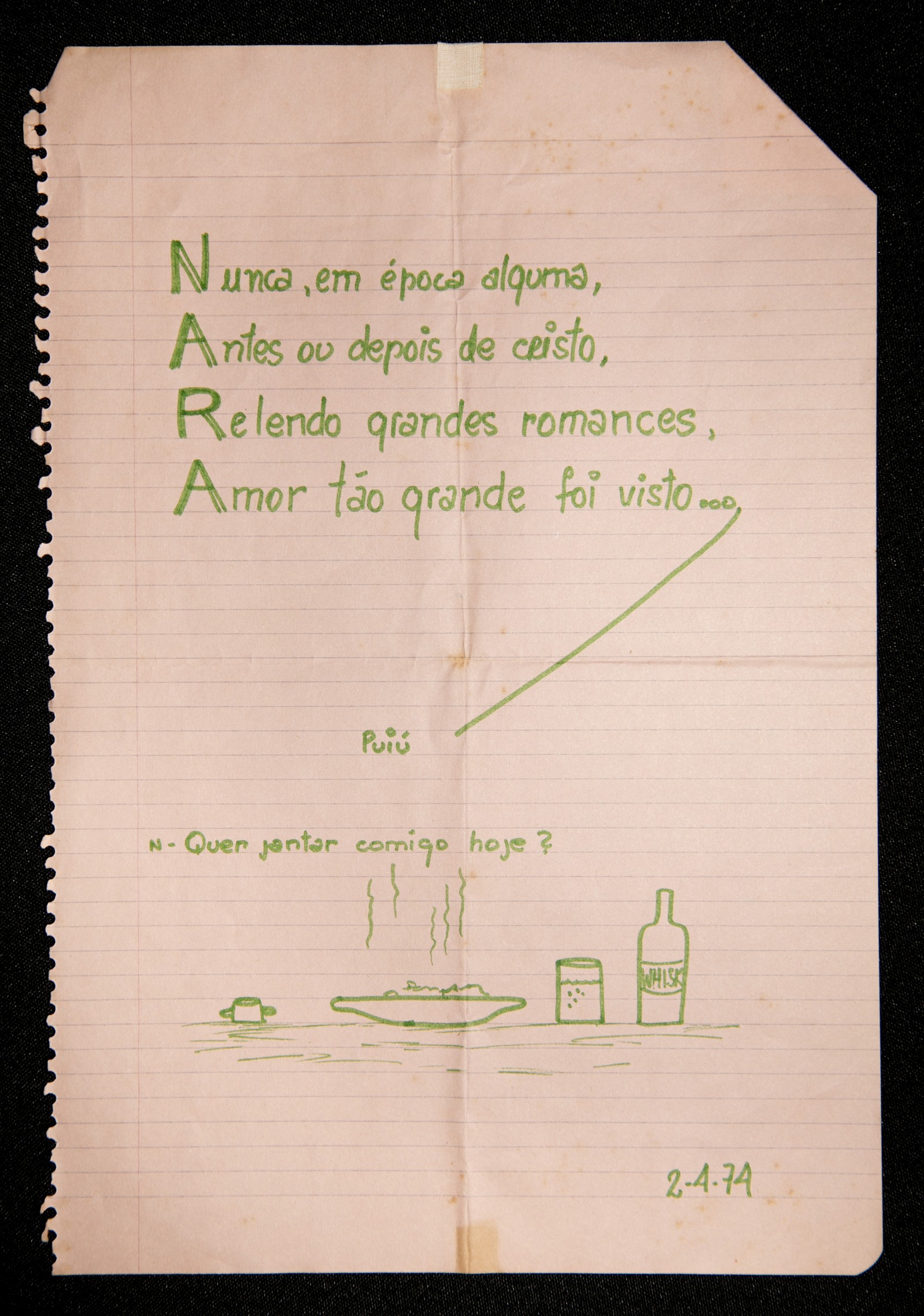 Poema para Narinha preservado no acervo de Erasmo Carlos — Foto: Guito Moreto