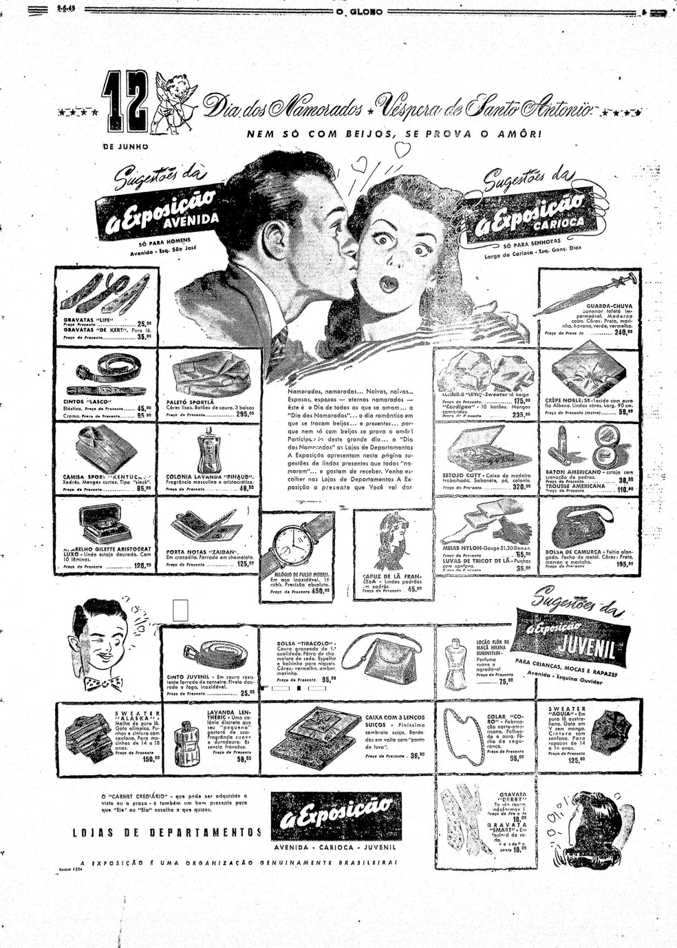 Anúncio de página inteira no GLOBO de 9 de junho de 1949 para o Dia dos Namorados — Foto: Acervo O Globo