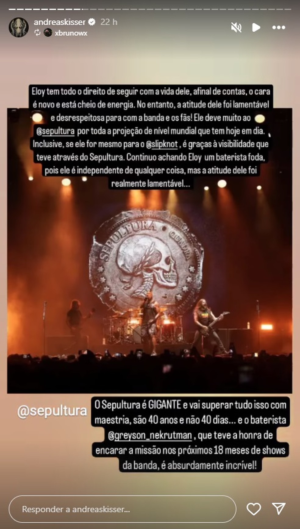 Andreas Kisser, vocalista da banda, usou seus Stories para criticar ex-colega de Sepultura — Foto: Reprodução