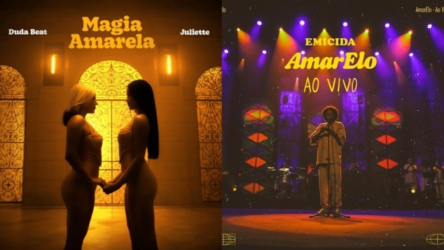 Lado a lado: as capas de divulgação de 'Magia amarela, de Duda Beat e Juliete, e 'AmarElo', de Emicida