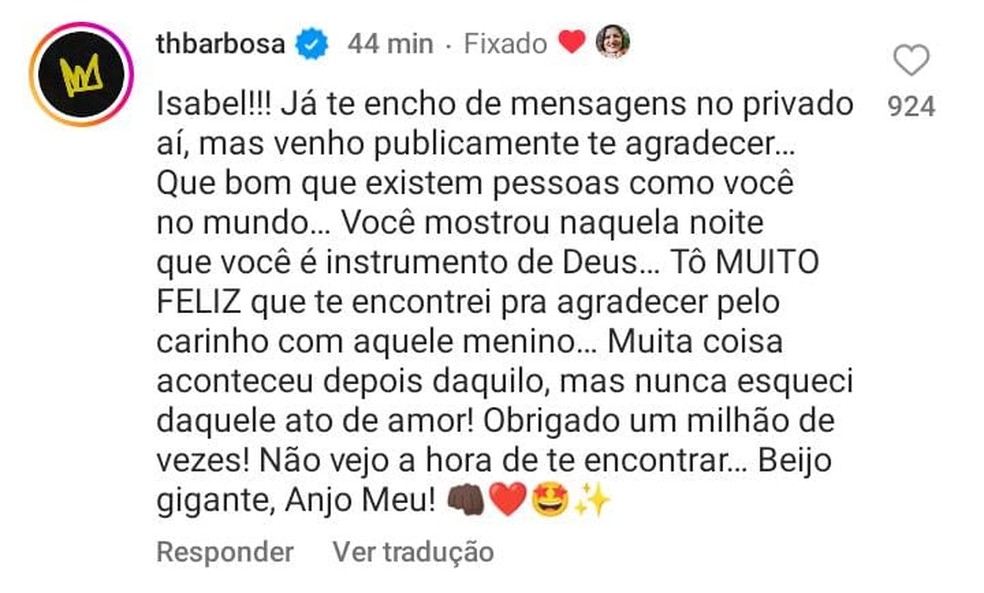 Thiaguinho deixa mensagem para Isabel, mulher que o ajudou no início da carreira — Foto: Reprodução/Instagram