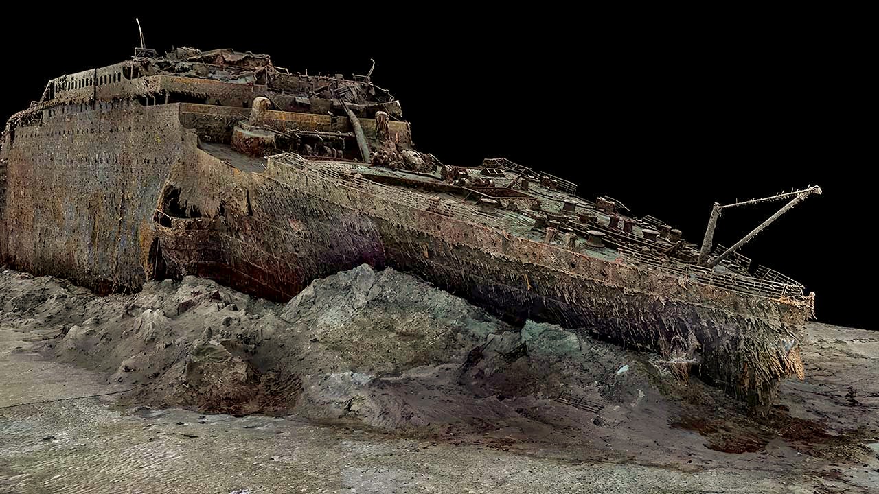 Destroços do Titanic em 3D sem a água do mar em sua volta ajudam os cientistas a entender melhor o acidente e quanto tempo a tragéda marítima mais famosa do mundo vai estar visivel no fundo do mar. — Foto: Foto: Atlantic Productions / Magellan