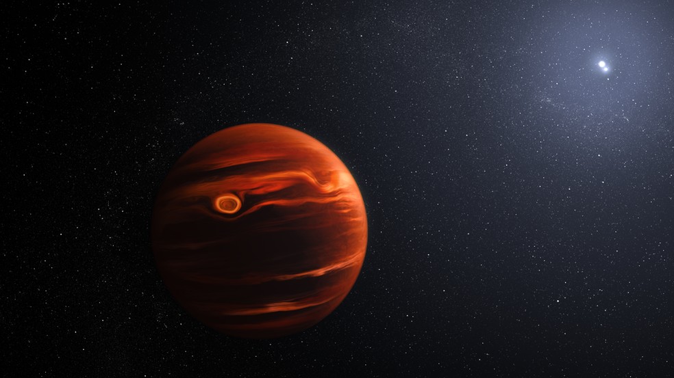 ilustração conceitualiza as nuvens rodopiantes identificadas pelo Telescópio Espacial James Webb na atmosfera do exoplaneta VHS 1256 b. — Foto: NASA, ESA, CSA, Joseph Olmsted (STScI)