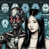 Imagem gerada por inteligência artificial mostra mulher e robô na frente de imagens de mapeamento cerebral - Dall-E