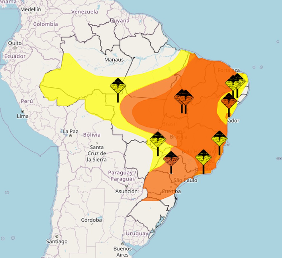 Inmet emite avisos de coloração laranja e amarelo devido chances de chuvas intensas — Foto: Inmet