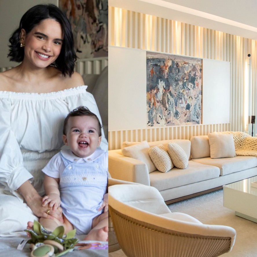 Carol Macedo posa com o filho em seu apartamento na Barra da Tijuca