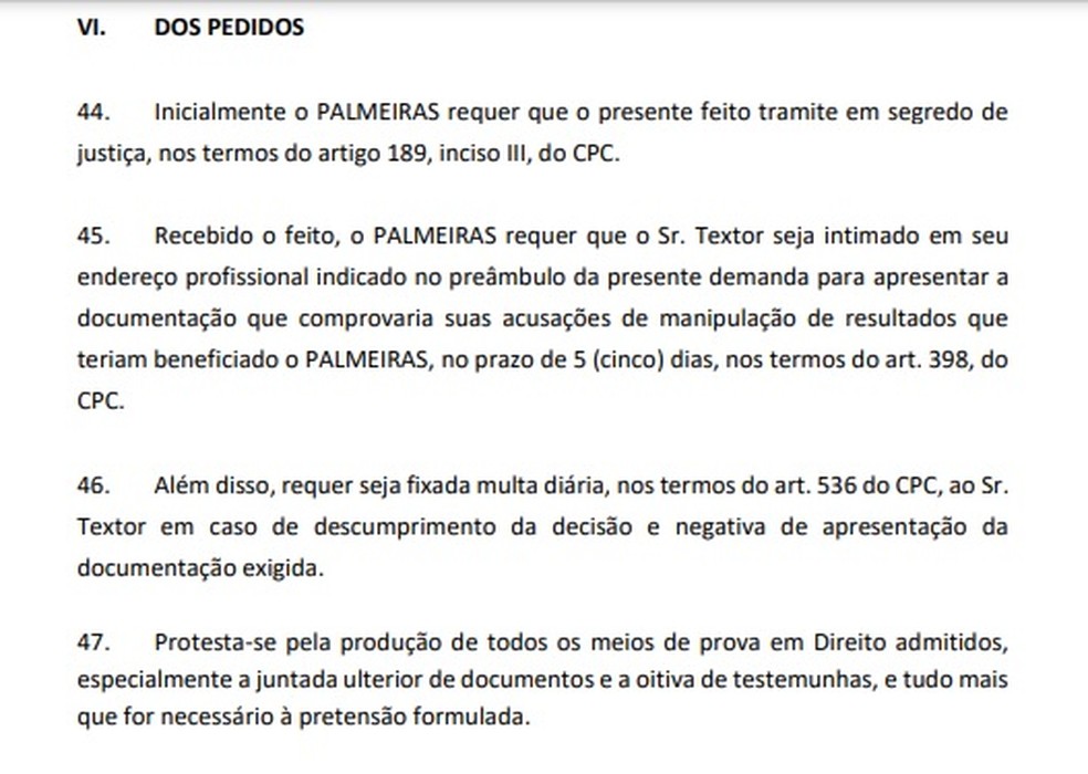 Os pedidos feitos pelo Palmeiras na ação — Foto: Reprodução