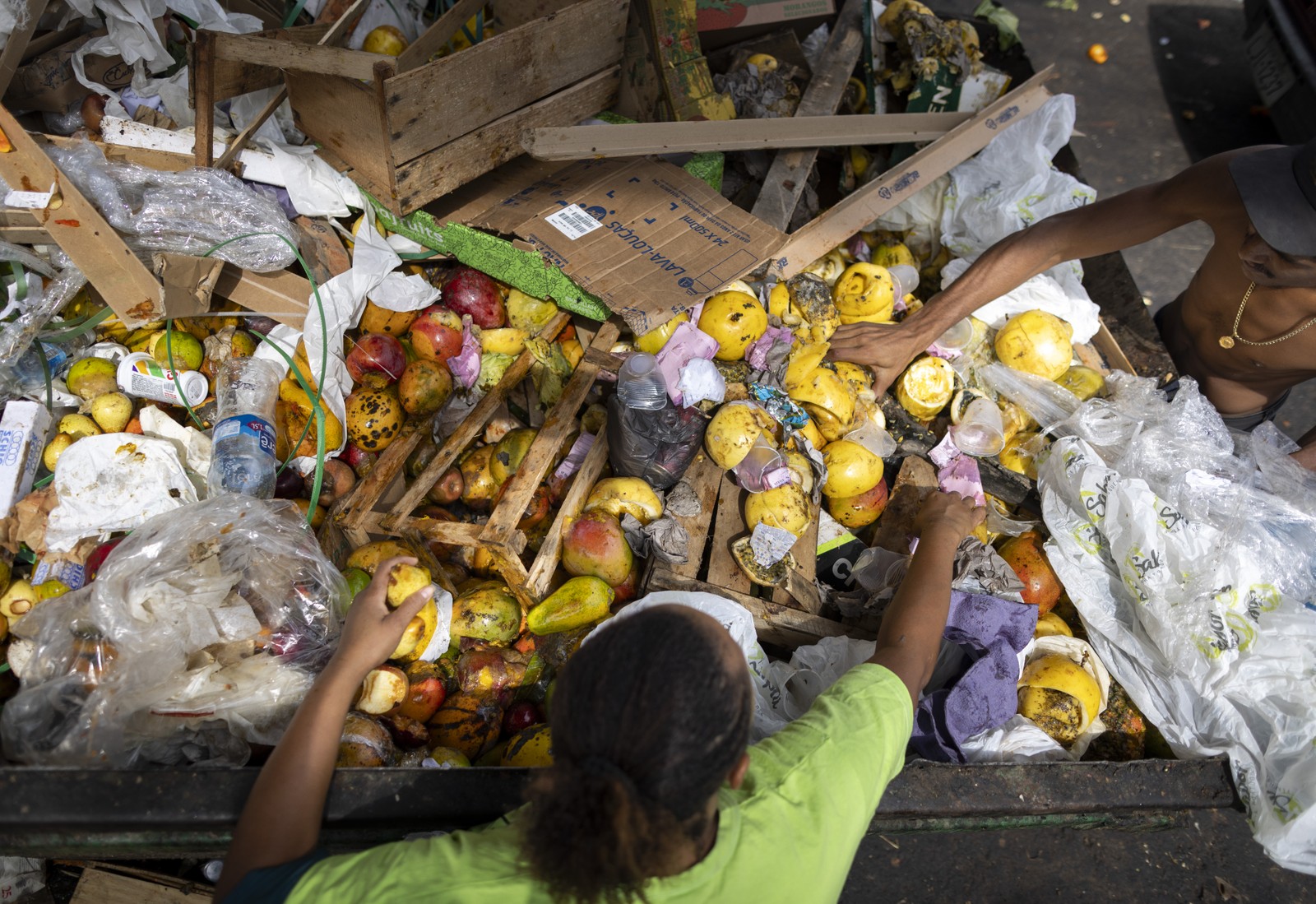 Dados do IBGE mostram que a fome ainda atinge 8,6 milhões de pessoas no Brasil. Patamar recua em 5 anos, mas é maior do que há uma década. Na foto, as pessoas reviram caçambas de lixo no Ceasa, atrás de frutas e legumes. — Foto: Márcia Foletto