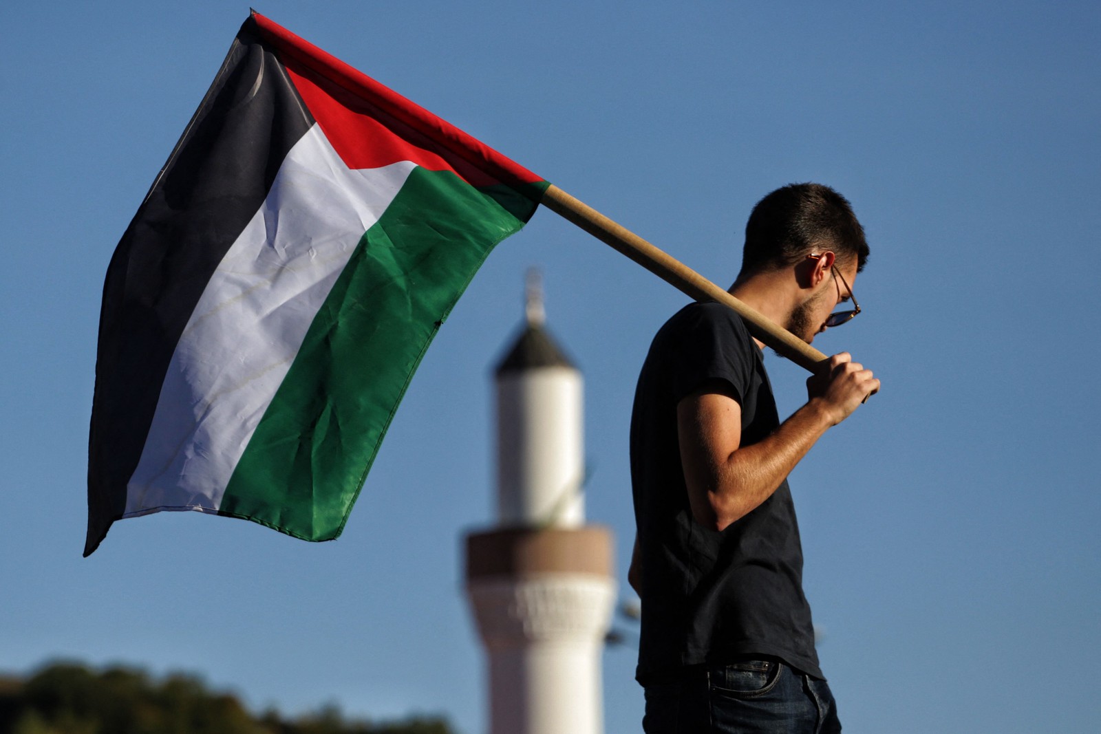 Protestante pró-Palestina segura bandeira durante manifestação na Sérvia — Foto: Irfan Licina/AFP