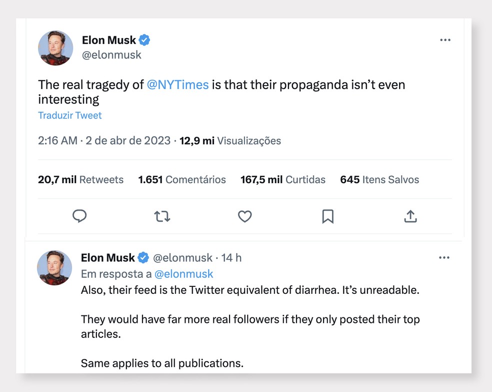 Post em que Elon Musk alfineta o jornal The New York Times — Foto: Reprodução Twitter