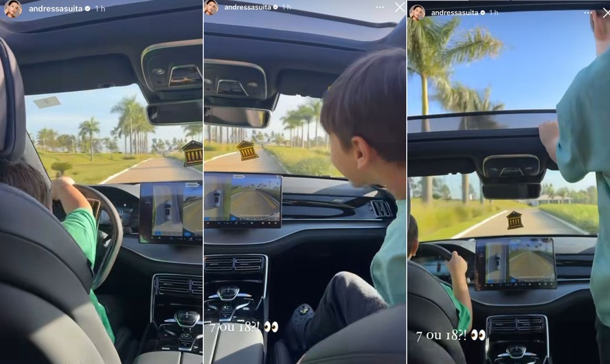 Andressa Suita, esposa de Gusttavo Lima, posta vídeo do filho de 7 anos dirigindo carro com irmão de 5 ao lado.