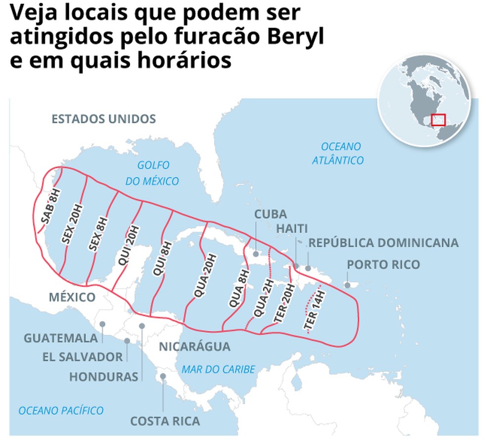 Veja locais que podem ser atingidos pelo furacão Beryl e em quais horários — Foto: Editoria de Arte/O Globo