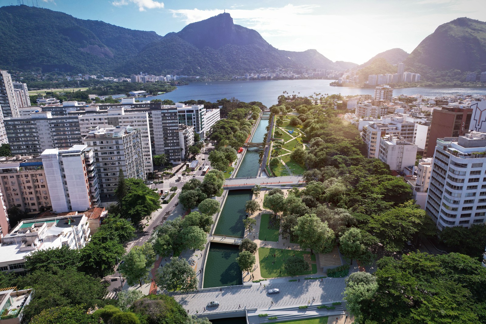 Na vista aérea do eixo do canal, é possível ver como ficarão as três pontes que cruzarão o fluxo de água — Foto: Divulgação