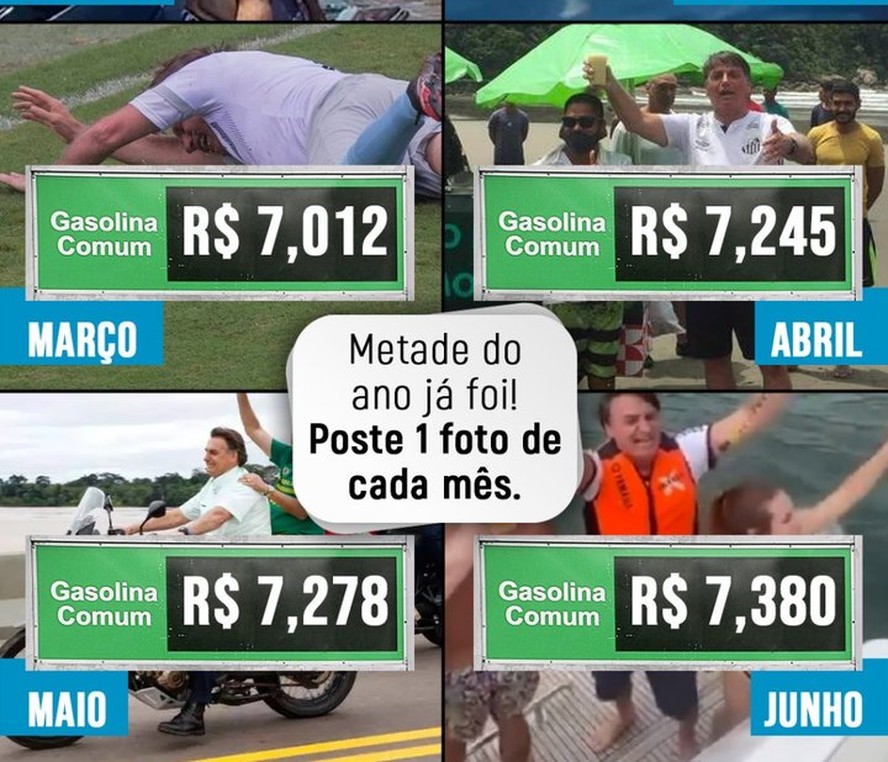 Uma das brincadeiras que internautas fazem sobre o preço da gasolina e a crise política envolvendo a Petrobras