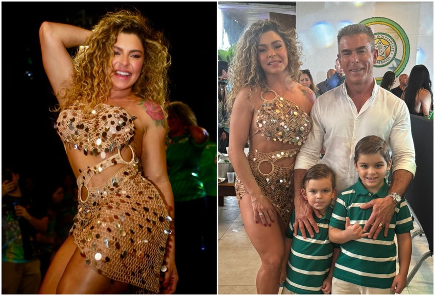 Fabíola de Andrade com a família na quadra da Mocidade