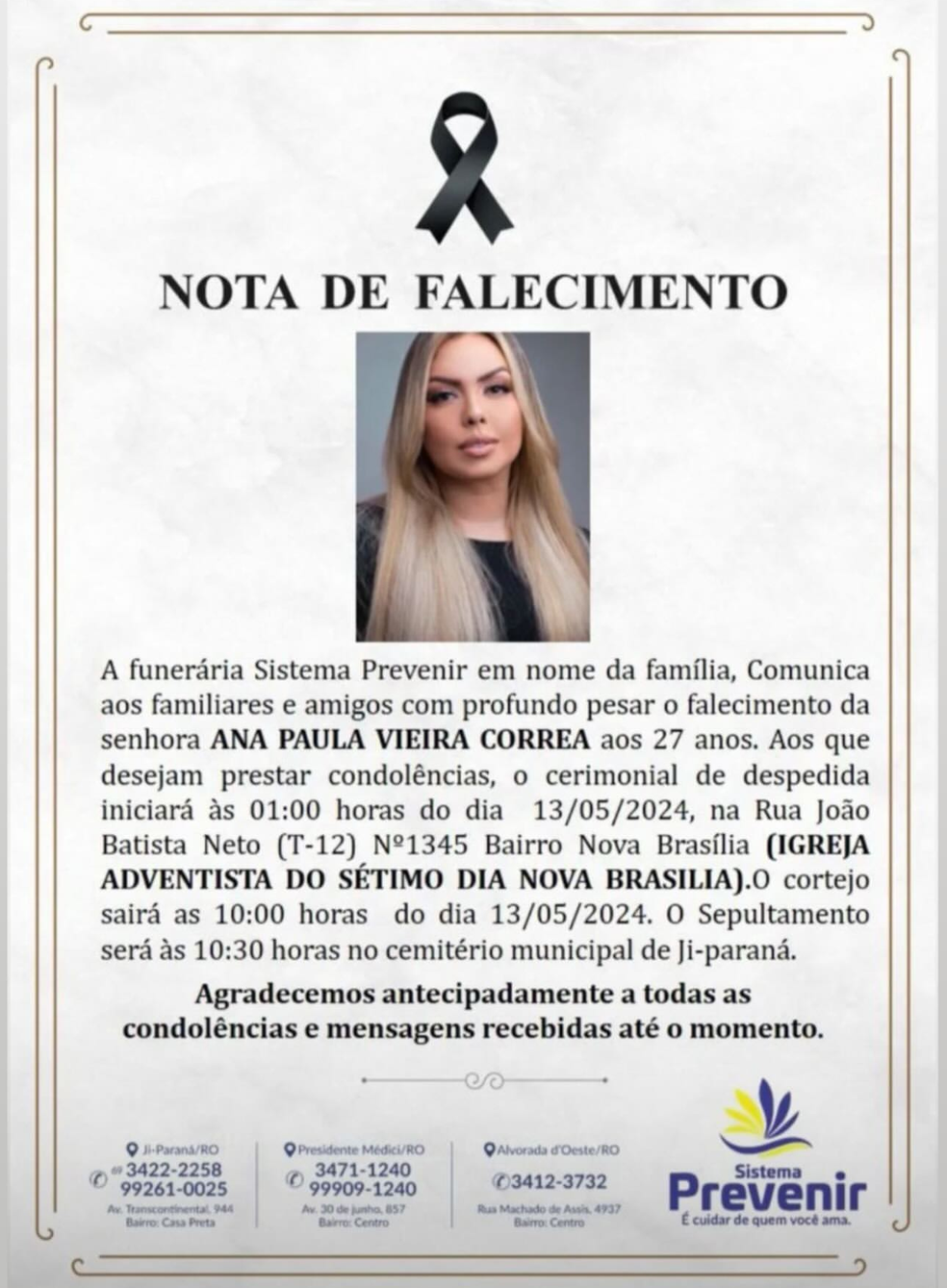 Informações de velório e enterro de Ana Paula Vieira — Foto: Reprodução/Instagram