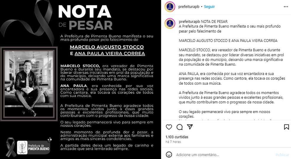 Prefeitura de Pimenta Bueno lamenta mortes de Ana Paula Vieira e Marcelo Stocco — Foto: Reprodução/Instagram