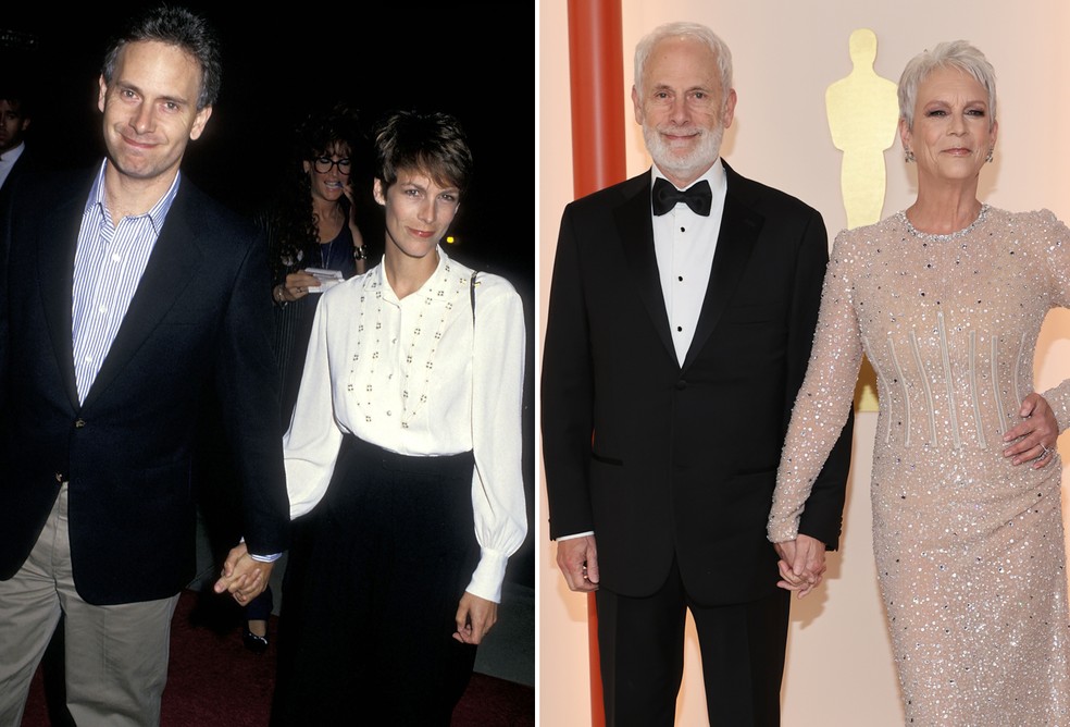 Jamie Lee Curtis e o marido, Christopher Guest, em 1987 e em 2023 — Foto: Getty Images