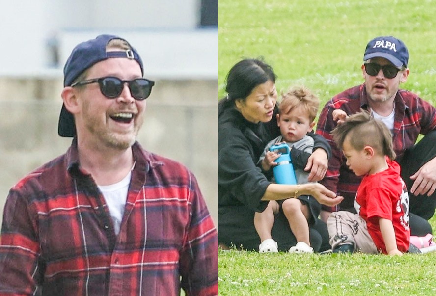 Macaulay Culkin aproveita dia no parque com os filhos