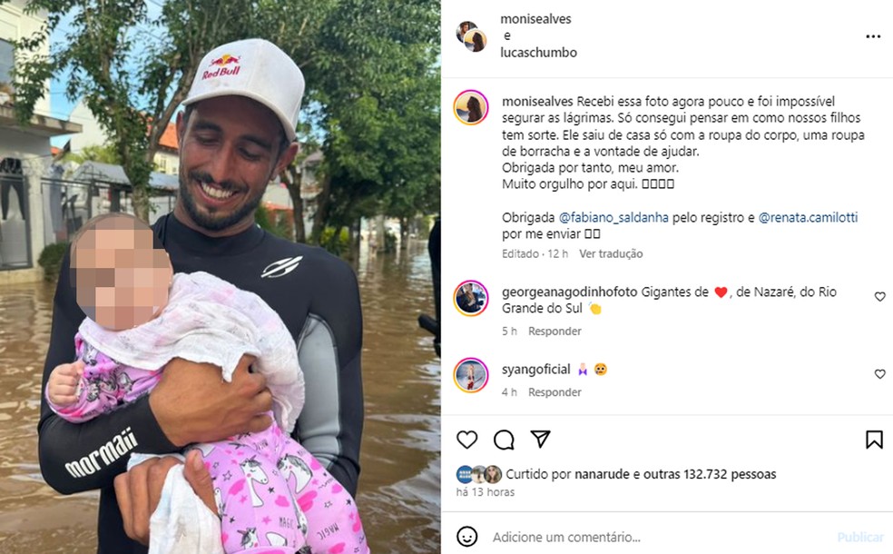 Esposa de Lucas Chumbo se emociona com resgate de bebê pelo marido — Foto: Reprodução/Instagram