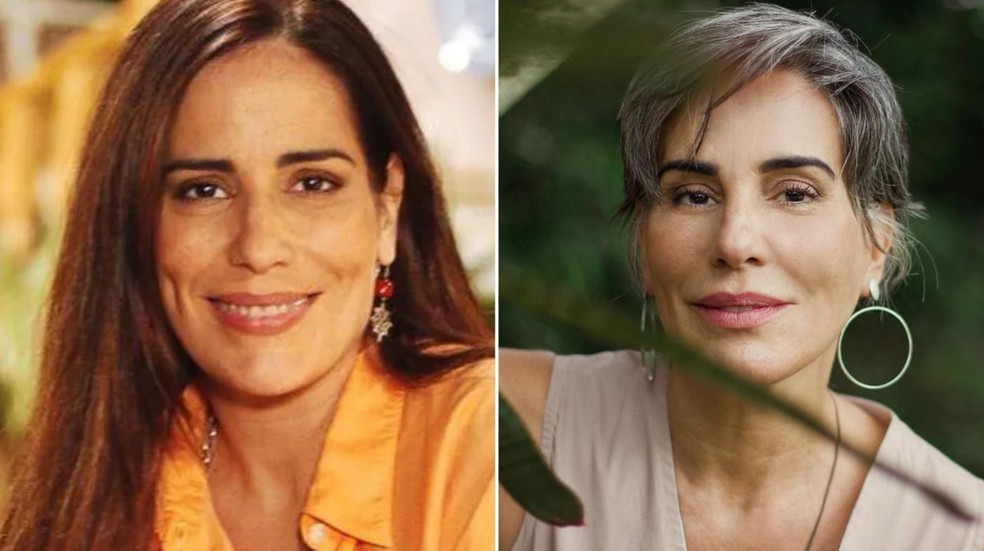 Gloria Pires, como Lúcia, em Paraíso Tropical (Globo, 2007) e com visual atual — Foto: Divulgação/TV Globo e Reprodução/Instagram