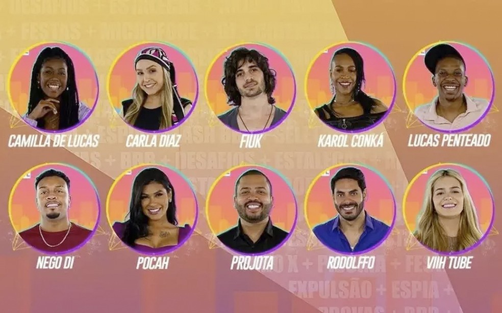 Camarote do BBB 21: Karol Conká, Carla Diaz, Camilla de Lucas, Pocah, Nego Di, Lucas Penteado, Rodolffo (cantor sertanejo), Viih Tube, Projota e Fiuk — Foto: Reprodução/TV Globo