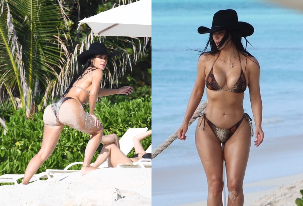 Kim Kardashian em dia de praia com Khloé e Kourtney — Foto: The Grosby Group