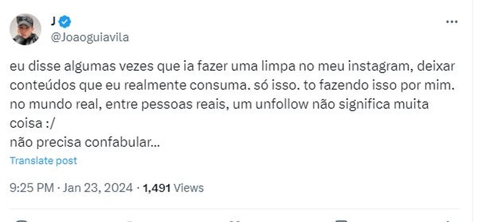 João Guilherme comenta após dar unfollow em Jade Picon — Foto: Reprodução/x