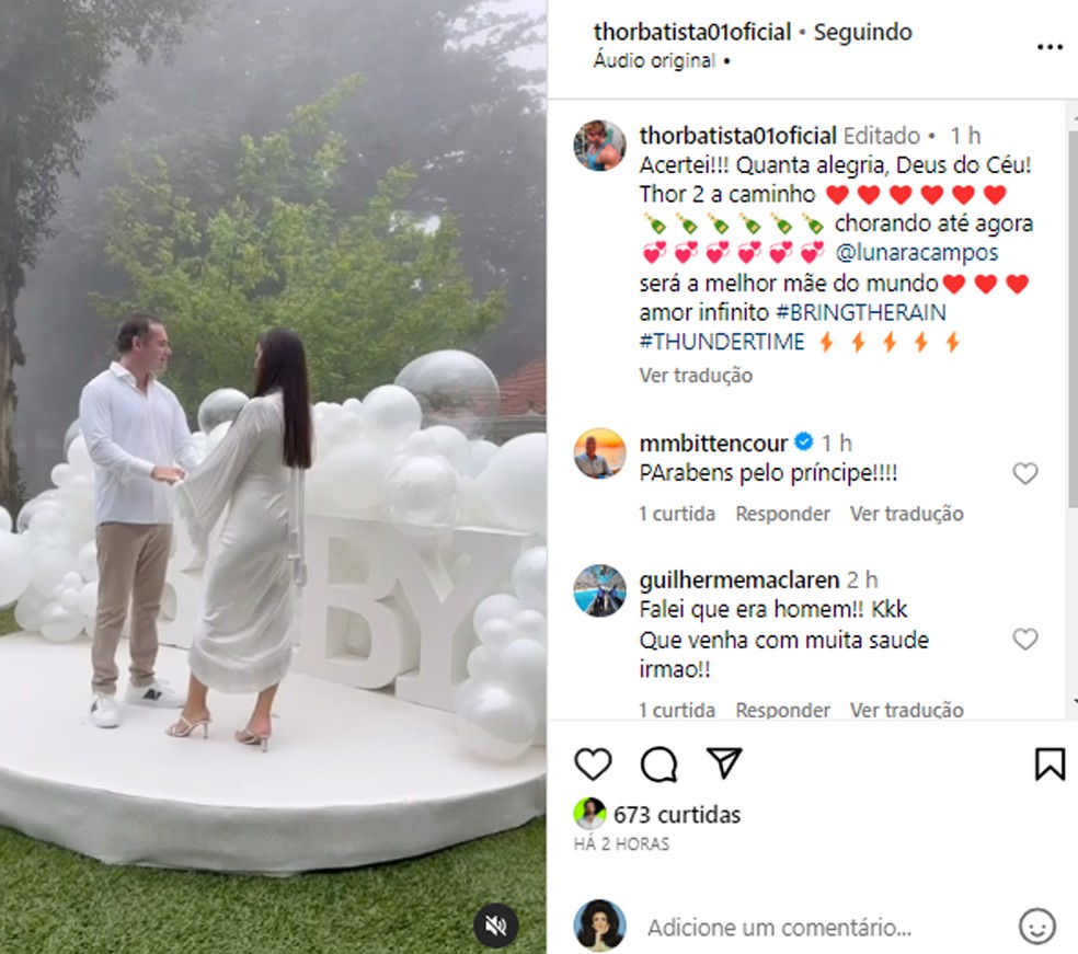 Thor Batista e Lunara Campos fazem chá revelação do primeiro bebê — Foto: Instagram