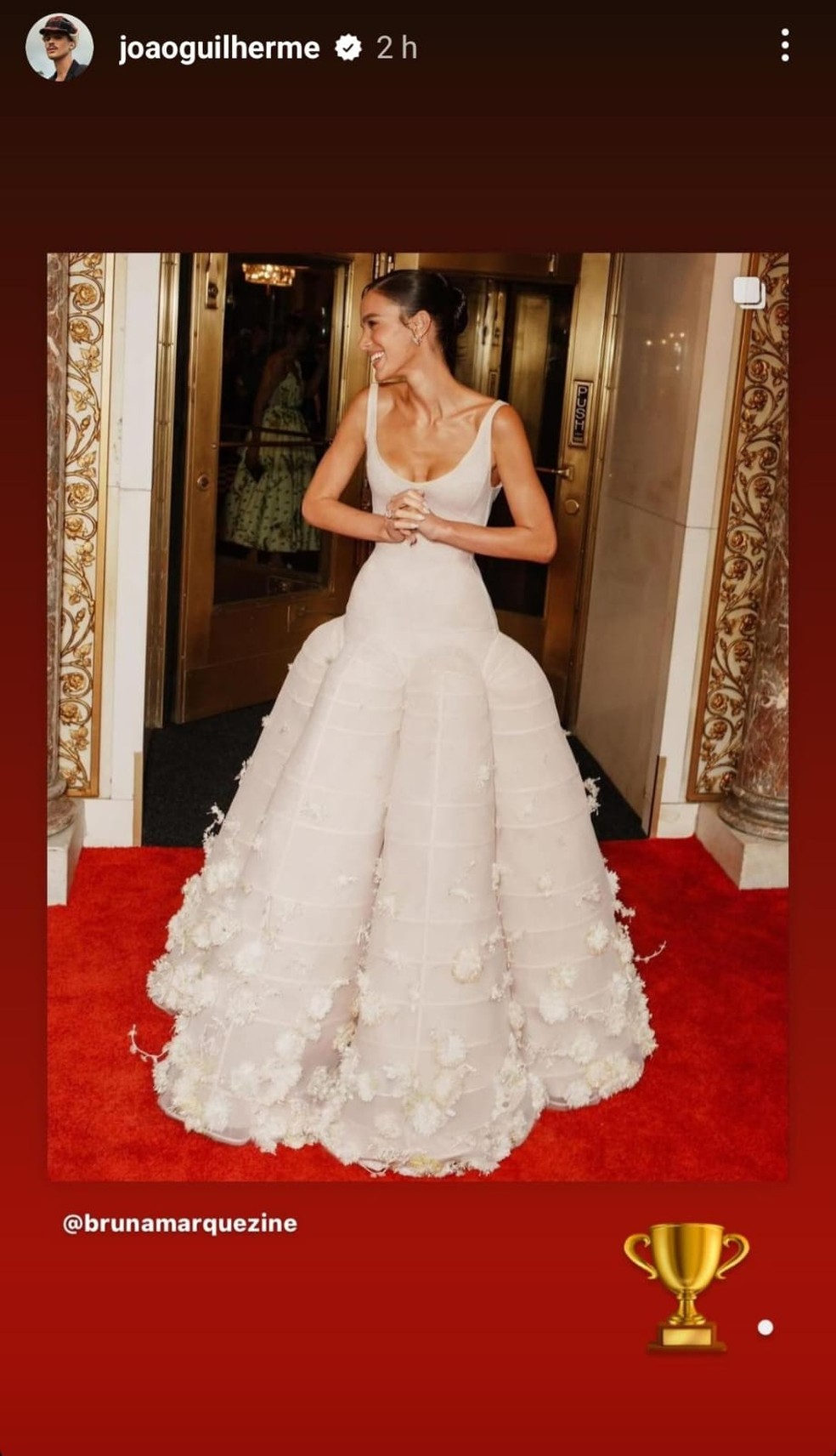 João Guilherme reposta foto de Bruna Marquezine no Met Gala 2024 — Foto: Reprodução/Instagram