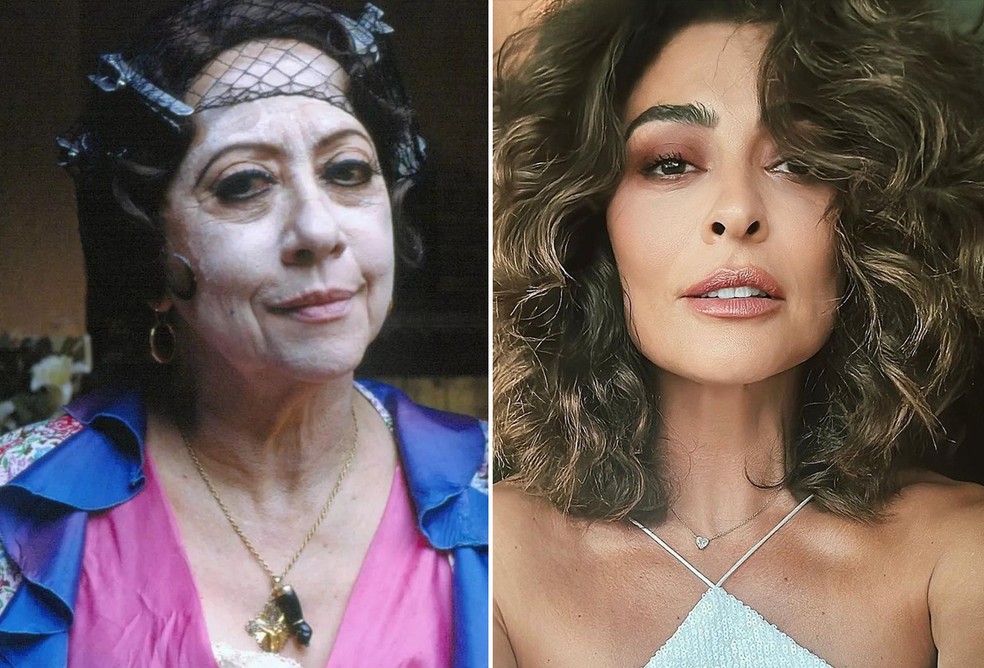 Em 1993, a cafetina Jacutinga foi vivida por Fernanda Montenegro. Na nova versão de Renascer, papel será de Juliana Paes — Foto: Divulgação/TV Globo e Reprodução/Instagram