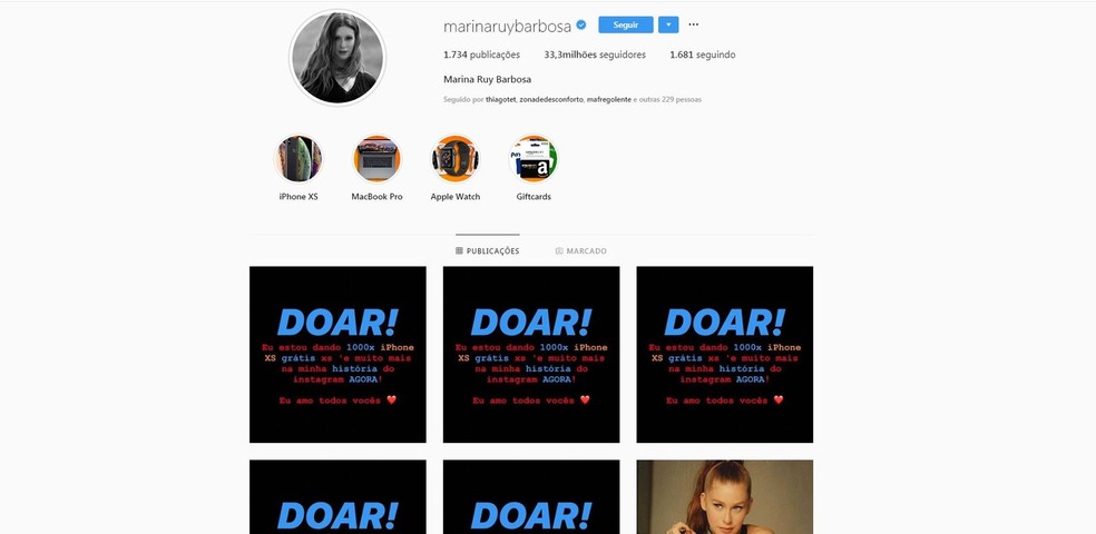 Doação de iPhones: atriz Marina Ruy Barbosa teve sua conta no Instagram invadida por hackers — Foto: Reprodução/G1