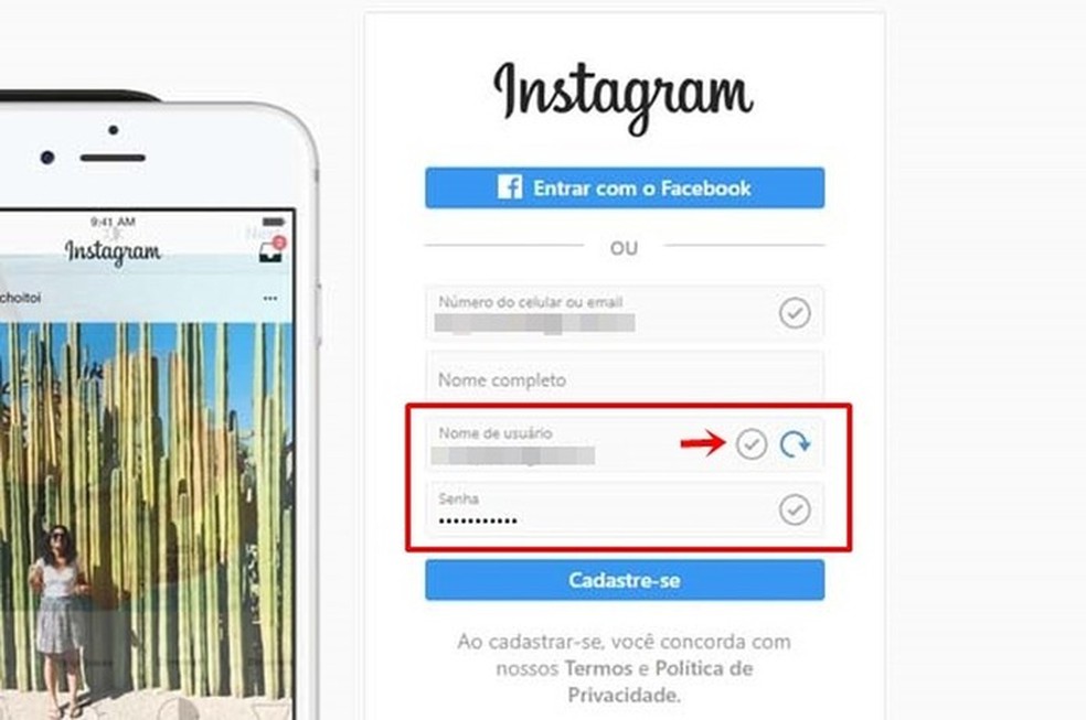 Crie seu nome de usuário e senha para usar no Instagram — Foto: Reprodução/Taysa Coelho