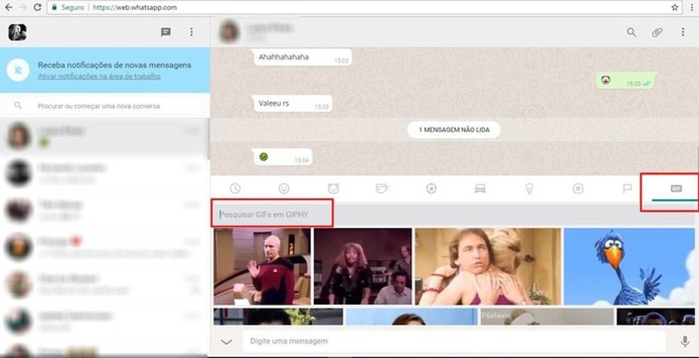 Agora é possível enviar GIFs pelo WhatsApp Web (Foto: Reprodução/Camila Peres) — Foto: TechTudo