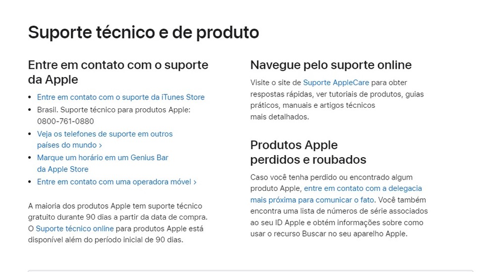 Ligação para suporte técnico da Apple é gratuita — Foto: Reprodução/Apple