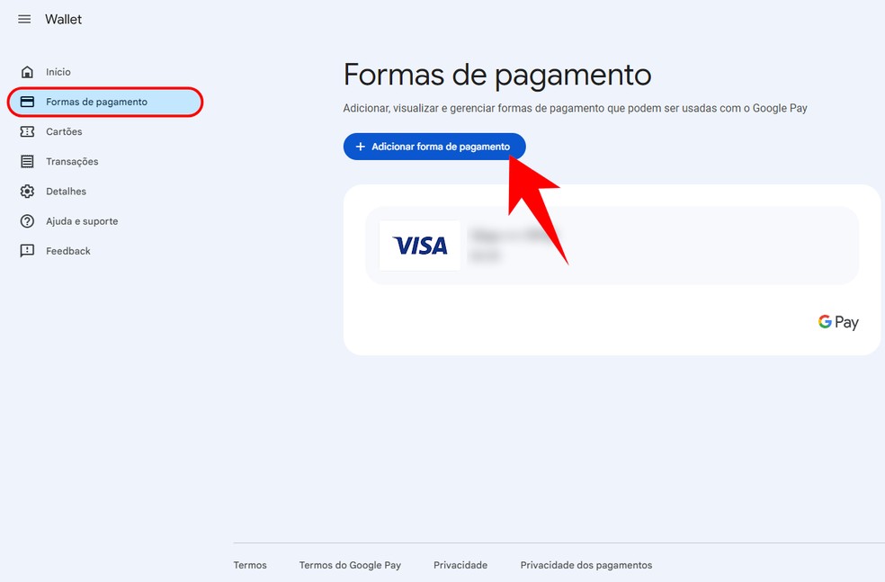 Saiba como adicionar forma de pagamento na Carteira do Google pelo computador — Foto: Reprodução/Rodrigo Fernandes