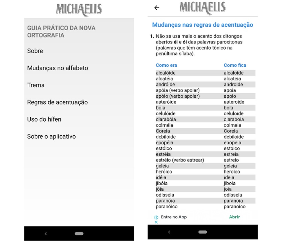 Consulte a nova ortografia de forma simples com o aplicativo oficial do dicionário Michaelis  — Foto: Reprodução/Mariana Tralback