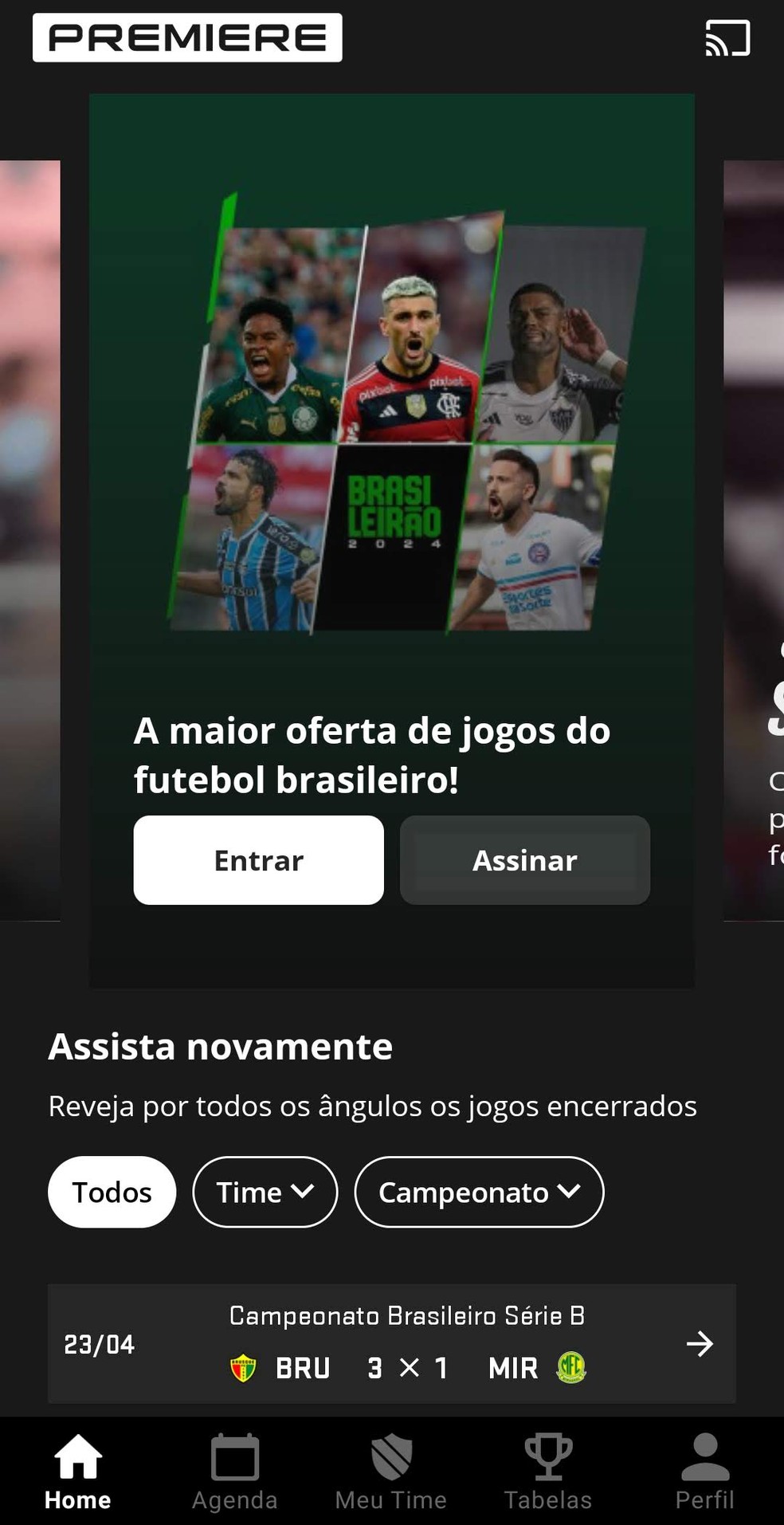 Com o app do Premiere, você consegue assistir a partidas de diferentes torneios nacionais — Foto: Reprodução/Bruno Guerra