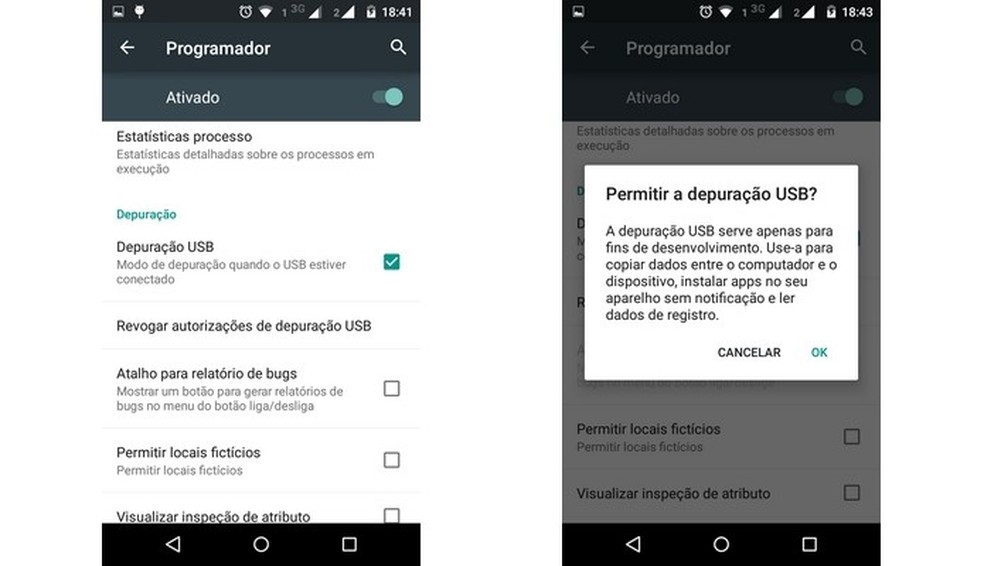 Telas de habilitação da depuração USB no Android (Foto: Reprodução/Raquel Freire) — Foto: TechTudo