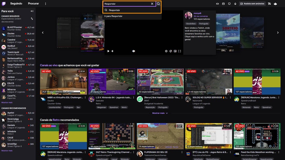 Na página inicial da Twitch, procure por ffesportsbr — Foto: Reprodução/Victor de Abreu