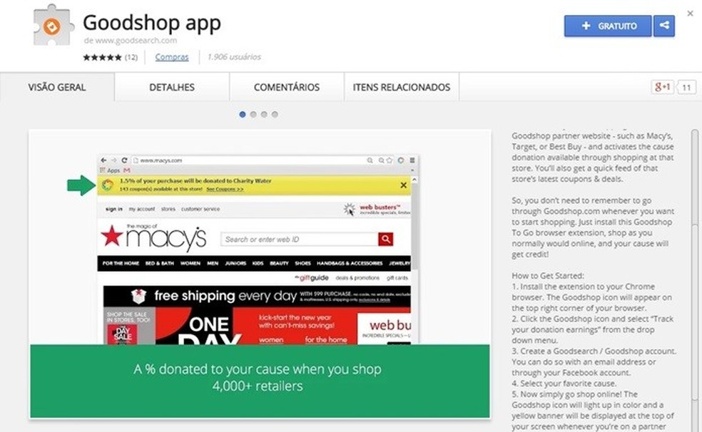 Goodshop conta com mais de 4 mil lojas onde é possível fazer compras e doar parte para causas importantes para usuário (Foto: Reprodução/Chrome Web Store) — Foto: TechTudo