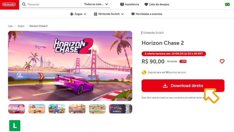 Na página de Horizon Chase 2 na Nintendo Game Store clique em "Download direto" e finalize a compra para baixar o game — Foto: Reprodução/Rafael Monteiro